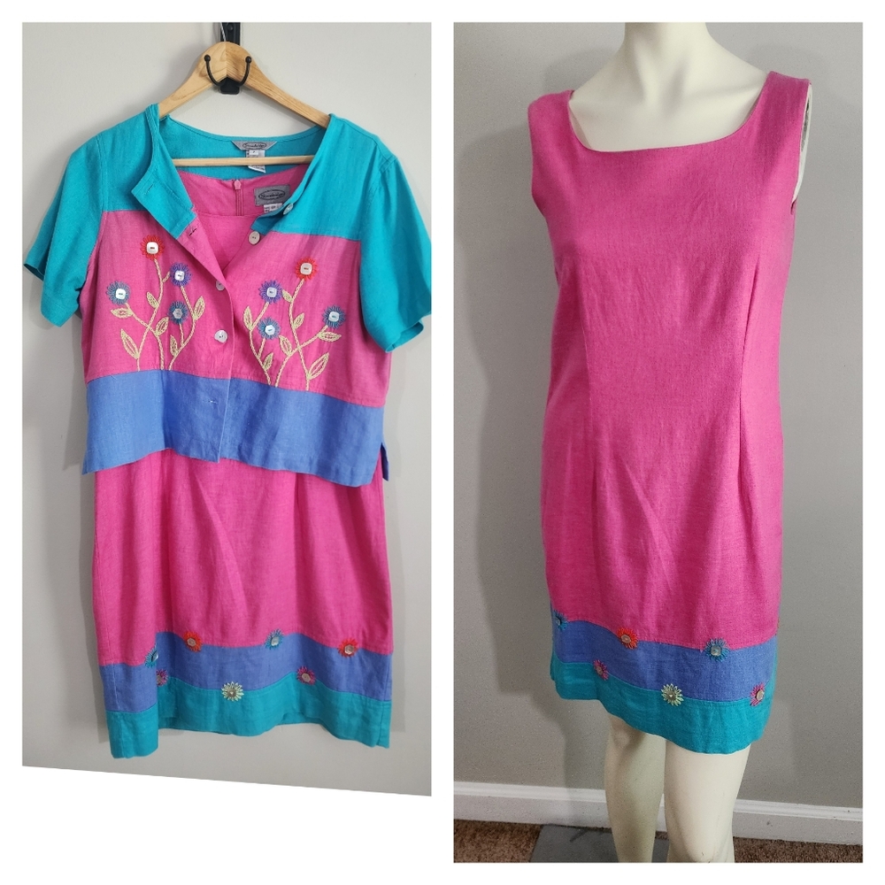 Vintage 80s linen blend 2 Piece Dress Set Womens 6p Tri Color Embroidered quirky